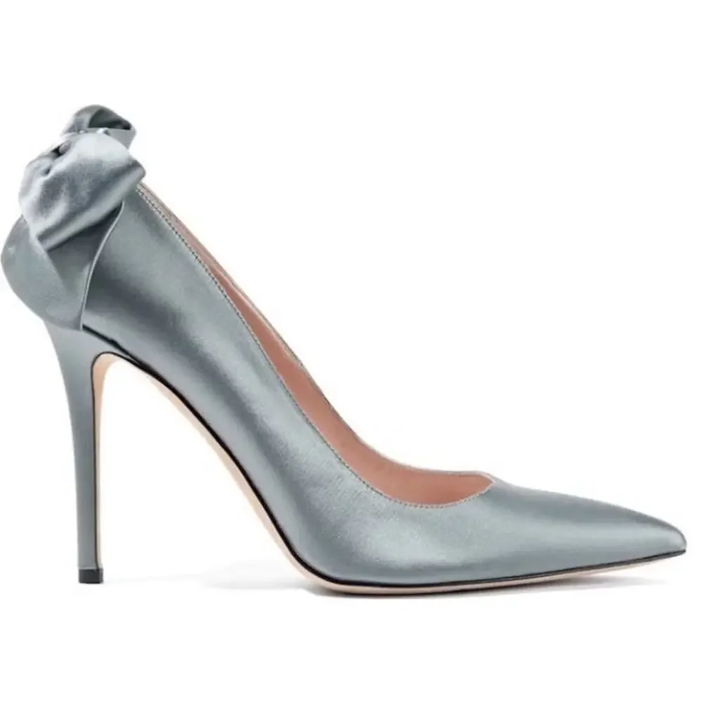New SJP Lucille grey satin bow classic pumps 37.5 7.5